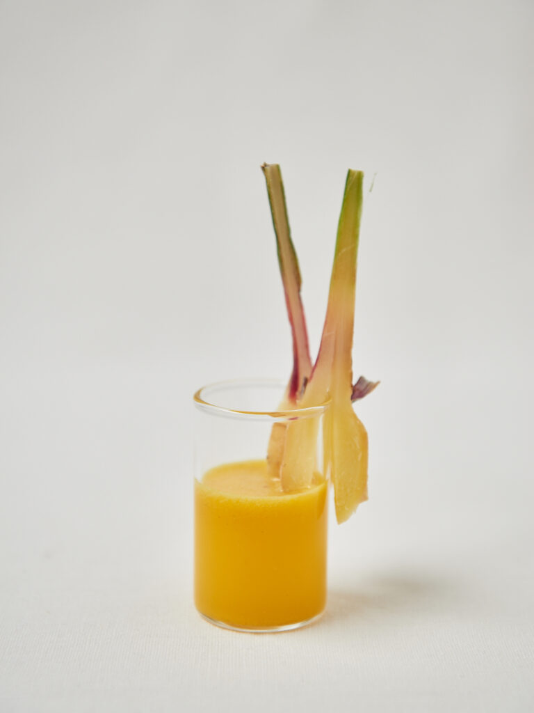 one glass with orange juice shot