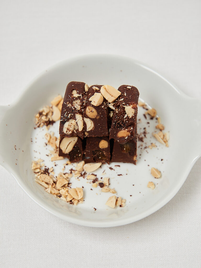 Homemade Snickers on a white plate