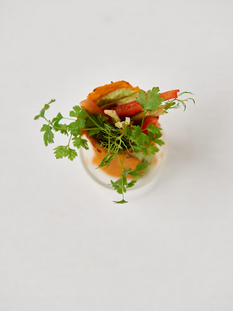 Gef&uuml;llter knuspriger Gem&uuml;setaler mit frischen Kr&auml;utern, angerichtet im Glas