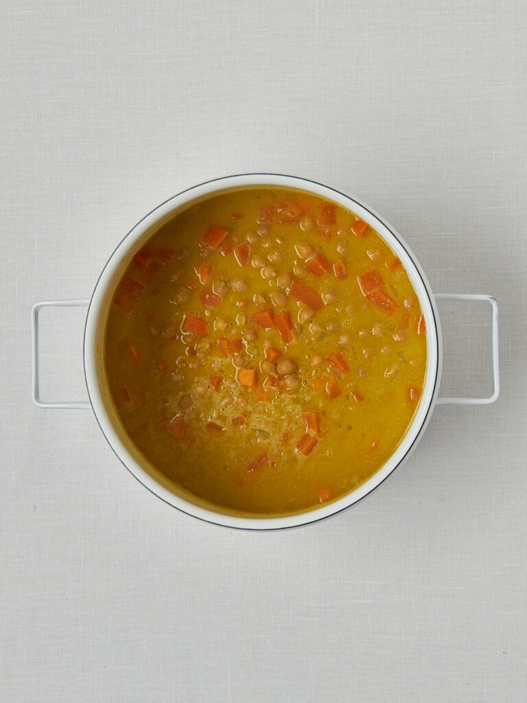 Linsensuppe pur in wei&szlig;er Sch&uuml;ssel &ndash; einfache Draufsicht ohne Toppings