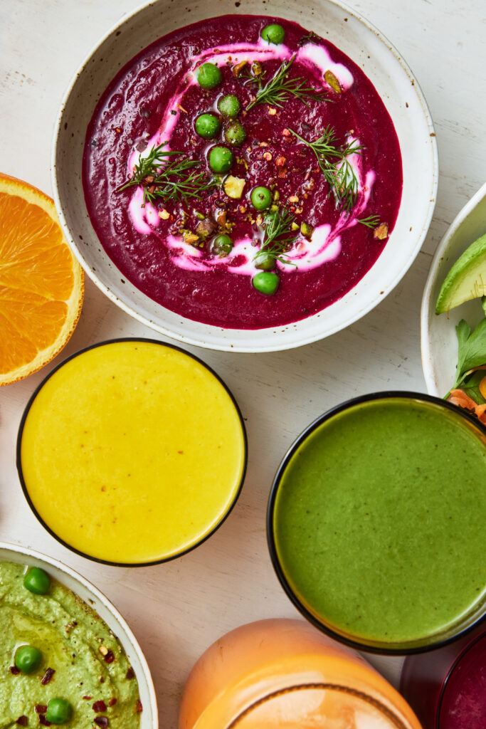 colourful fruit and veggies, soup, juices