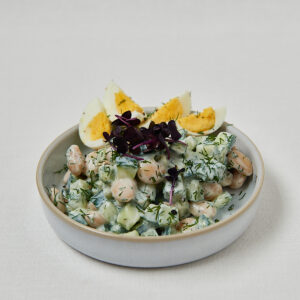 Gurken Dill Joghurt Bowl mit weißen Bohnen und Eierhälften – frontale Studioaufnahme