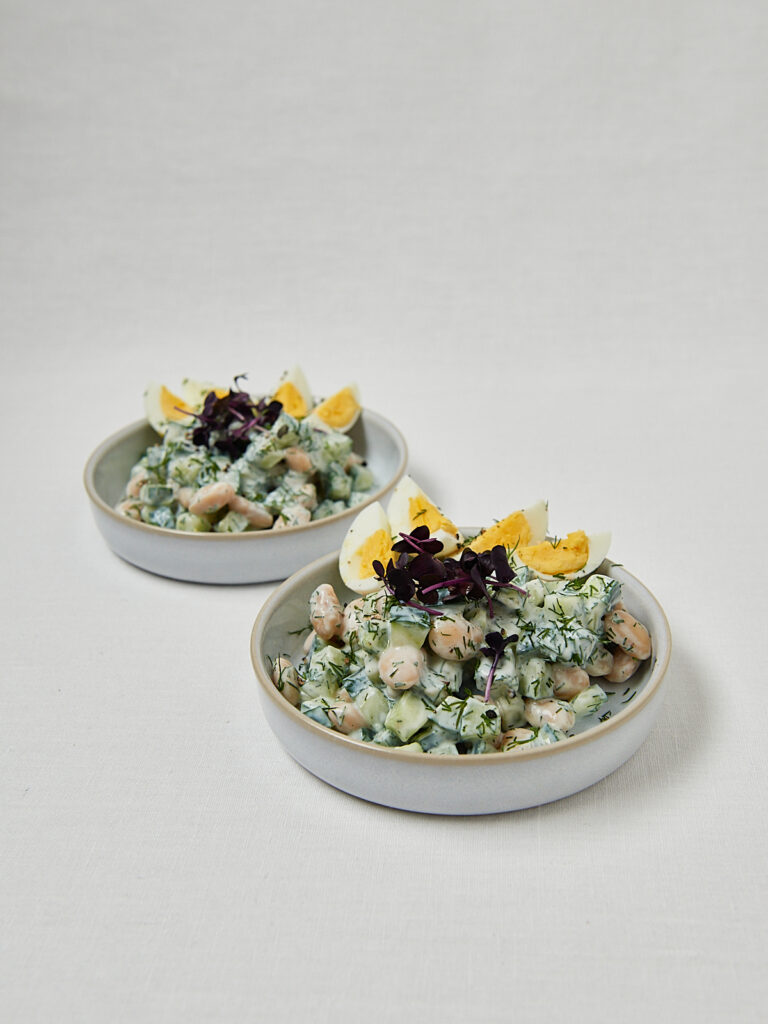 High Protein Gurken Bowl mit Joghurt, weißen Bohnen und Eiern – Overhead Shot