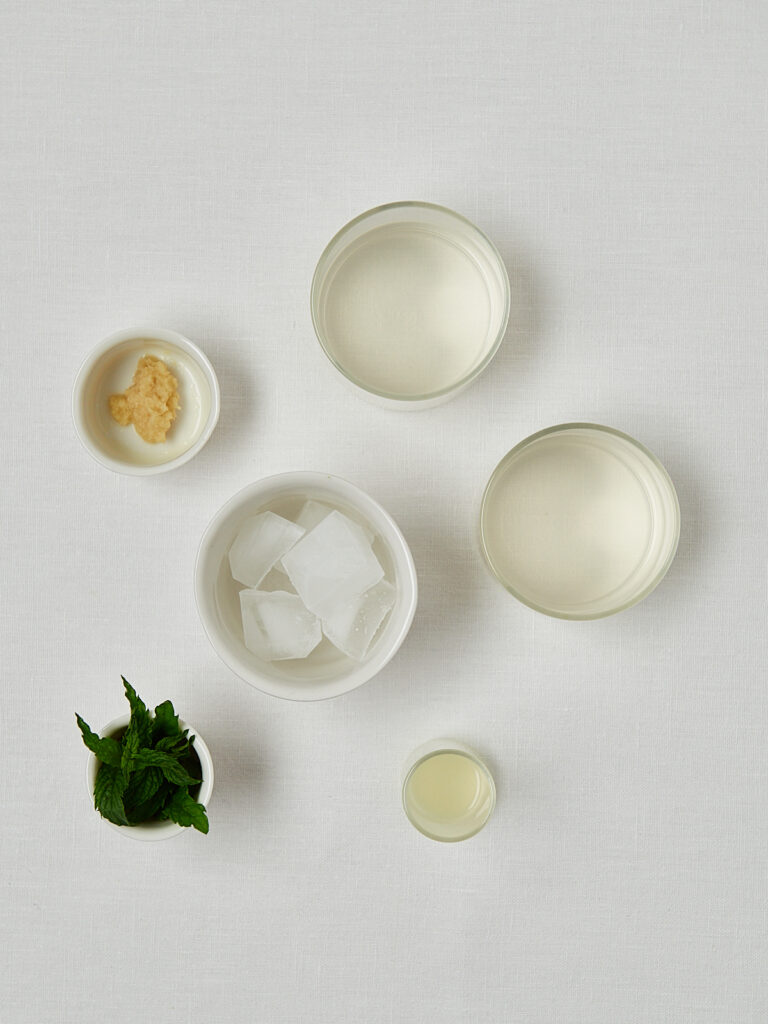 Zutaten-Flatlay Ingwer-Minze-Elektrolytgetr&auml;nk &ndash; Ingwer, Limette, Minze auf wei&szlig;em Hintergrund